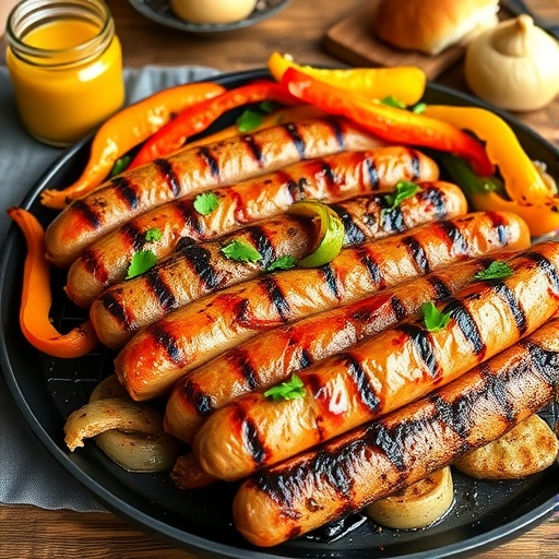 Savory Homemade Beef Sausages Recipe Grilled homemade beef sausages on a platter with peppers and onions, garnished with herbs, served with mustard and bread.